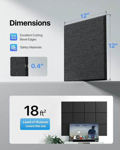 Self-Adhesive Soundproof Wall Panels 18 Pack Square Acoustic Foam Panels For Walls Home Office And Recording Studio Pro Grade High Density Noise Reduction 12 X 12 X 0.4 Inches Black showing dimensions and coverage area on a wall