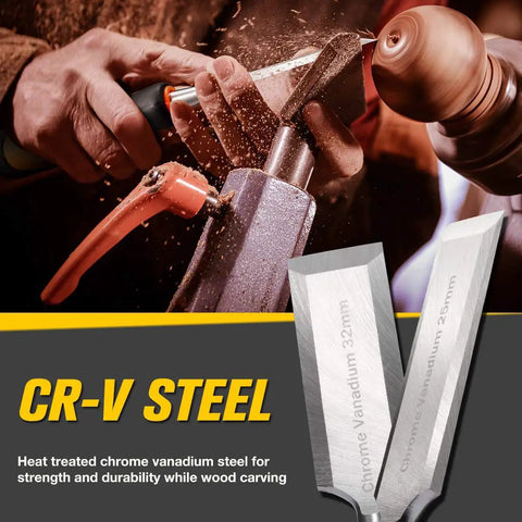 Four Piece Wood Chisel Set For Woodworking With Heat Treated CRV Steel Blades And Sharp Edges, Sizes visible on steel
