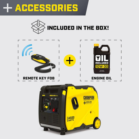 Portable 4500-Watt Inverter Generator With Wireless Remote Start And Quiet Technology, CO Shield Auto Shutoff, accessories shown
