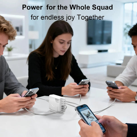 Group using GaN Desktop Charging Hub 165W Six-Port USB C And USB A Fast Charger For iPhone 17 with 5ft cord in office