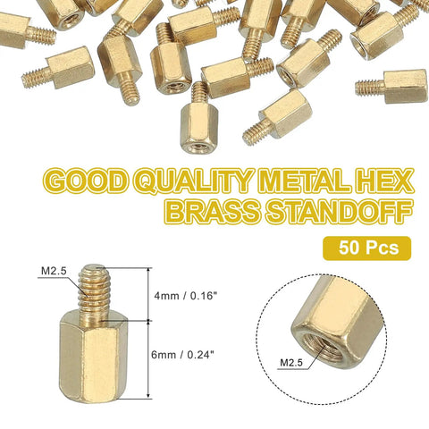 Heavy Duty M2.5 X 6Plus4 mm Female Thread Hex Brass Pcb Standoff 50 Pcs For Fpv Drone And Quadcopter Motherboard Setup Featuring Slick Threading And Top Shelf Gold Hardware Kit showing hex brass standoffs with M2.5 thread.