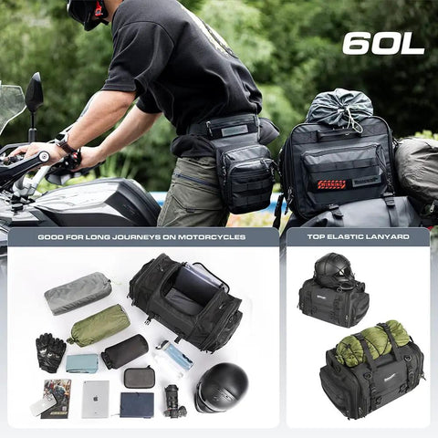 Expandable Motorcycle Tail Bag 60L Waterproof All Weather Travel Luggage For Trunk Rack With Sissy Bar Straps Rain Cover