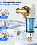 Reusable Spin Down Sediment Water Filter 100 Micron With Built In Housing Scraper, 360 Degree Rotatable Head, Blue, Pressure Gauge