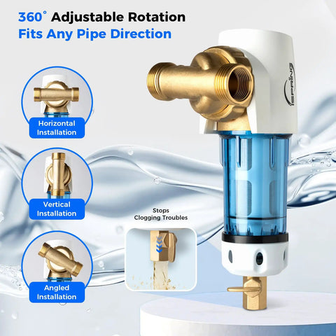 Reusable Spin Down Sediment Water Filter 100 Micron With Built In Housing Scraper, 360 Degree Rotatable Head, Blue, Pressure Gauge