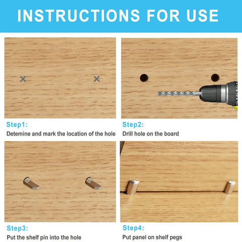 Instructions for use showing Heavy Duty Nickel Plated Cabinet Shelf Pegs Spoon Shape Zero Wobble Shelf Stabilizers steps