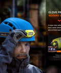 Person wearing WH23R Dual Beam Work Headlamp With Spotlight And Floodlight, 600 Lumen USB-C Rechargeable on helmet, dark environment