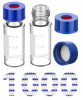 2ml Borosilicate Glass Autosampler Vials 1000 Pack With 9 425 Screw Tops For HPLC And GC Chromatography, clear vials with blue caps.