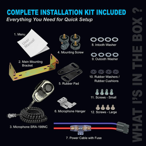 Beefy 10 Meter Ham Radio Transmitter With 300W PEP Output installation kit contents displayed, including SRA 198 microphone.