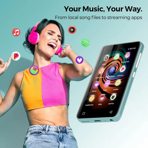 160GB Bluetooth WiFi MP3 Player For Kids With 4.0 Inch Touch Screen Android Music Player, shown with vibrant app icons, Glacier Blue.