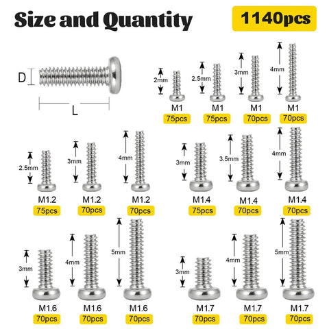 Detailed view of 1140 Piece Micro Pan Head Machine Screw Kit For Electronics Eyeglasses Watches And Clocks in various sizes.