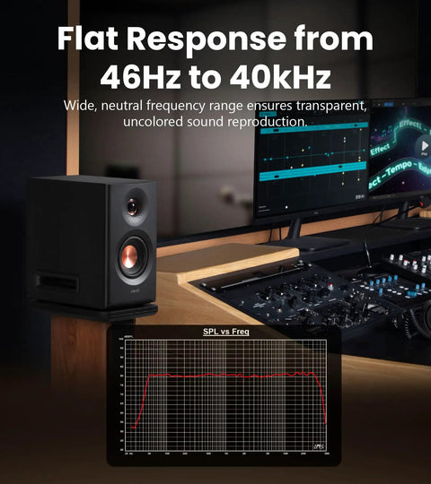 Hi Res Audio 2.0 Studio Monitors For Your Home Studio Setup Vibe on desk with frequency response graph