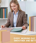 Office worker with Ten Colorful 3 Ring Binders Set With Two Pockets Hardcover For School Office And Home Use on desk