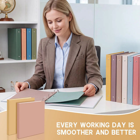 Office worker with Ten Colorful 3 Ring Binders Set With Two Pockets Hardcover For School Office And Home Use on desk