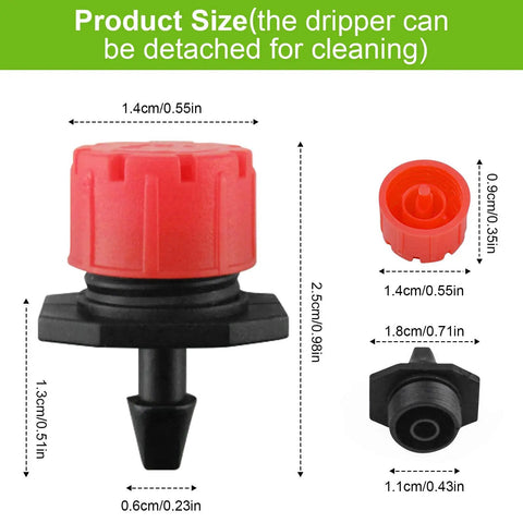 Adjustable Drip Irrigation Emitters Pack Of 200 Pcs One Quarter Inch Barb Connectors, 360 Degree Sprinklers Size Diagram