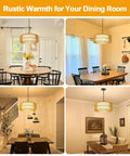 Five Light Hand Woven Rattan Chandelier With Totally Adjustable Drop From Nine To Fifty Two Inches And Soft Linen Shades For Kitchen Island Super Cozy Glow in various dining room settings.