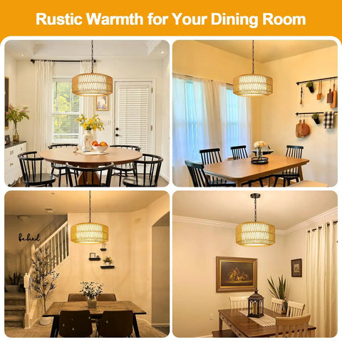 Five Light Hand Woven Rattan Chandelier With Totally Adjustable Drop From Nine To Fifty Two Inches And Soft Linen Shades For Kitchen Island Super Cozy Glow in various dining room settings.