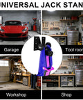 Tough and Reliable 2-Piece Jack Stand Wall Mount Kit for Heavy Duty Hydraulic Trolley Jacks and Car Trailers in various workshop settings.