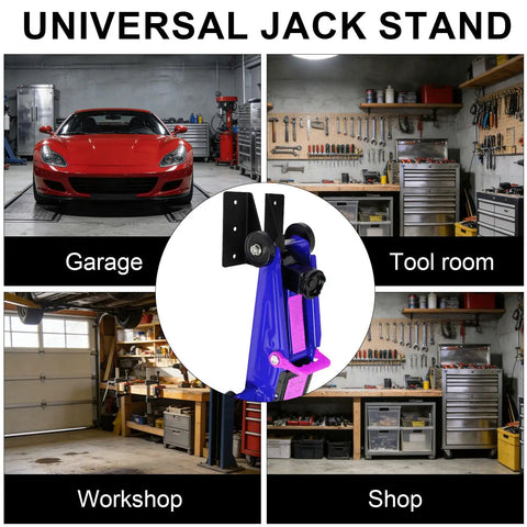 Tough and Reliable 2-Piece Jack Stand Wall Mount Kit for Heavy Duty Hydraulic Trolley Jacks and Car Trailers in various workshop settings.