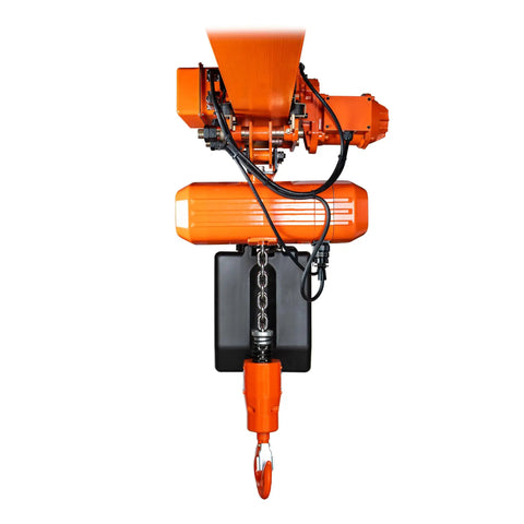 Heavy Duty Workhorse 2 Ton Electric Chain Hoist With Wireless Remote And 20 Ft Power Trolley showing the hoist's motor and chain.