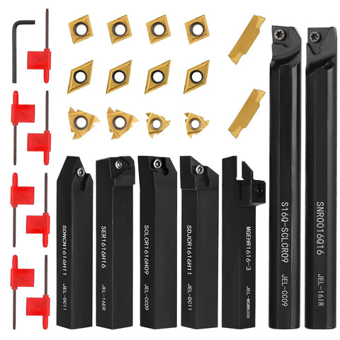 Indexable Lathe Turning Tool Set With 5/8 Inch Shank 16mm 21 Piece Kit With 7 Tool Holders And 14 Carbide Inserts For Turning Boring Grooving And Threading Pro Grade Heavy Duty Lathe Tools For Smooth Clean Cuts