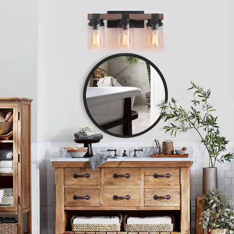 3 Light Farmhouse Vanity Light For Bathroom Over Mirror With Faux Wood Grain Finish Rustic Metal Wall Sconce Indoor Moisture Resistant Bath Vanity Fixture