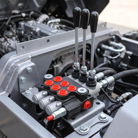 Heavy Duty Manual Hydraulic Directional Control Valve Block Featuring A Rock Solid Cast Iron Housing And Comfortable Lever Actuator For Tractor And Workshop Equipment That Handles Flow Like A Champ Built For The Long Haul - Close-up of control valve with levers.