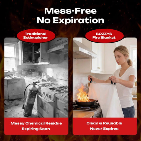 Comparison of traditional extinguisher and Three Pack Fire Blanket Set for Home and Kitchen, 40 By 40 Inches, Fiberglass Construction With Inner Fire Retardant Film