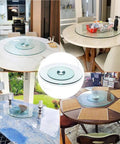 Collage of dining setups featuring the 20 Inch Lazy Susan Turntable With Tempered Glass Transparent Rotating Serving Tray.