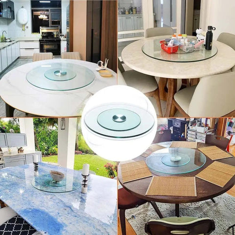 Rotating Serving Tray 40 Inch Lazy Susan Turntable on various kitchen and dining tables for easy reach in parties and family dinners
