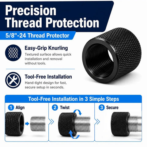 Precision thread protector 5/8X24 for .308 LR308 rifles, with easy-grip knurling for tool-free installation.