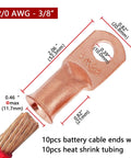 Heavy Duty Battery Lugs And Ring Terminals For 2/0 AWG Cables 3/8 Inch Copper Lugs Battery Cable Ends Terminal Connectors With Ten Pack Heat Shrink Tubing In Red And Black showing dimensions and red heat shrink tubing.