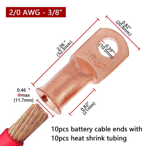 Heavy Duty Battery Lugs And Ring Terminals For 2/0 AWG Cables 3/8 Inch Copper Lugs Battery Cable Ends Terminal Connectors With Ten Pack Heat Shrink Tubing In Red And Black showing dimensions and red heat shrink tubing.