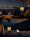 6000 Lumen LED Camping Lantern with rechargeable battery hanging on tree, used for night camping by fire and tent.