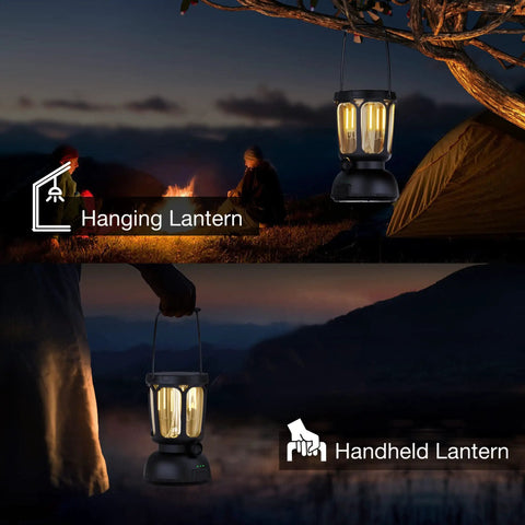 6000 Lumen LED Camping Lantern with rechargeable battery hanging on tree, used for night camping by fire and tent.