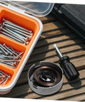 Built Tough Drill Press Quill Feed Return Spring And Replacement Coil Kit Heavy Duty Steel 2.04 By 1.75 Inches with screws and screwdriver.
