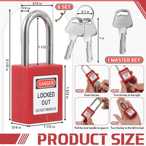 6 Set Lockout Tagout Locks Kit with 6 Red Padlocks, 2 Keys Per Lock and One Master Key, dimensions and key usage instructions