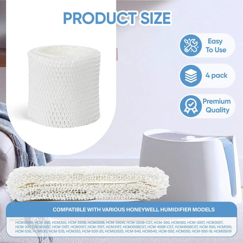 Image of 4 Pack HAC 504 Humidifier Wicking Filter Replacement for Honeywell HCM Series next to a humidifier, showing product size and details.