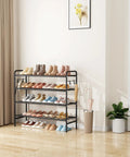 Four Tier Metal Shoe Rack Organizer, 33 Inch Wide With Four Side Hooks, Heavy Duty Shoes Shelf For Closet Front Door Garage Or Dorm, Black Finish, Fits 20 To 25 Pairs, Extra Bottom Storage For Shoes And Kicks in home entryway