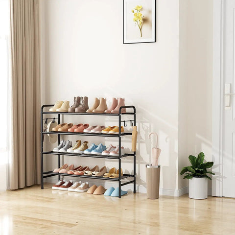 Four Tier Metal Shoe Rack Organizer, 33 Inch Wide With Four Side Hooks, Heavy Duty Shoes Shelf For Closet Front Door Garage Or Dorm, Black Finish, Fits 20 To 25 Pairs, Extra Bottom Storage For Shoes And Kicks in home entryway