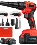 Top Tier Cordless Rivet Gun With Dual 26V Batteries And Fast Charger For Pulling Steel Aluminum Rivets On RV Boats Downspouts And Auto Repairs Automatically Setting Sizes, red and black with bits and case