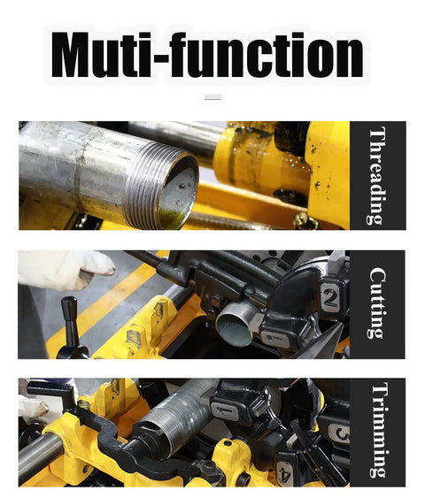 Heavy Duty Electric Pipe Threader 750 Watt Motor showcases threading, cutting, and trimming processes on pipes.