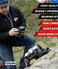 Person controlling RC car on rocks, text reads high-quality, budget-friendly bearing kits. Traxxas Slash 4WD Sealed Bearing Kit Upgrade for Smooth Spin Low Friction Bearings Long Lasting Durability Easy Install Quiet Operation and Reliable RC Race Performance on Any Track.