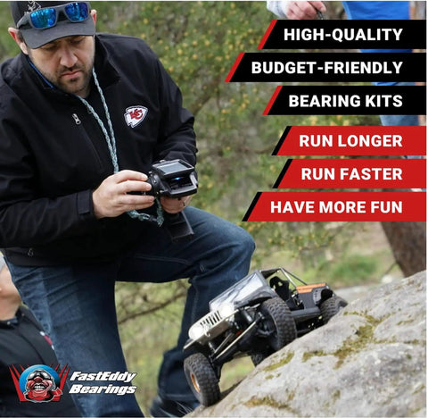Person controlling RC car on rocks, text reads high-quality, budget-friendly bearing kits. Traxxas Slash 4WD Sealed Bearing Kit Upgrade for Smooth Spin Low Friction Bearings Long Lasting Durability Easy Install Quiet Operation and Reliable RC Race Performance on Any Track.