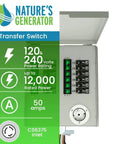 Manual 50A Power Transfer Switch Kit For Home Backup Power, 12 Circuits 120V And 240V, Non Automatic, UL Listed, panel view
