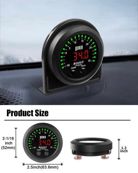 Turbo Boost And Vacuum Gauge Kit With LED Digital Display For Cars Trucks And ATVs 2 1/16 Inch 52mm Unit 1/8 NPT Electronic Pressure Sensor And Mounting Bracket Boost To 35 PSI Vacuum -30 To 0 InHg Red LED Readouts, 52mm black gauge