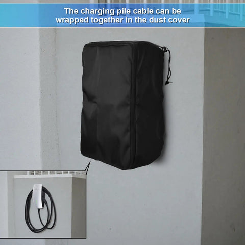 Hella Tough Weatherproof Electric Vehicle Charger Cover For Tesla Wall Connector Level 2 Charging Station, black dust cover mounted on a wall.