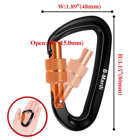 Beefy Heavy Duty Locking Carabiner Clips 12kN Aluminum 7075 Lightweight with dimensions for camping and utility use.