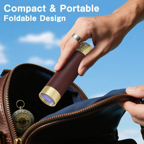 Old School Pirate Telescope Spyglass Zoomable 25x30 Portable Collapsible Handheld Monocular With Copper Pocket Compass For Camping Boating Survival Gear And Outdoor Adventures, in a bag