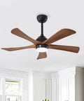 Geelife 42" 5PCS Solid Wood Blades Ceiling Fan with Lights Remote Control in matte black finish, installed in modern kitchen.