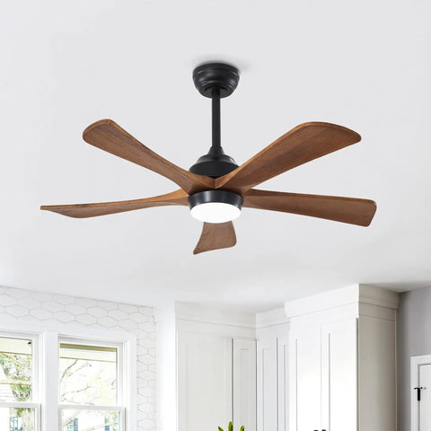 Geelife 42" 5PCS Solid Wood Blades Ceiling Fan with Lights Remote Control in matte black finish, installed in modern kitchen.